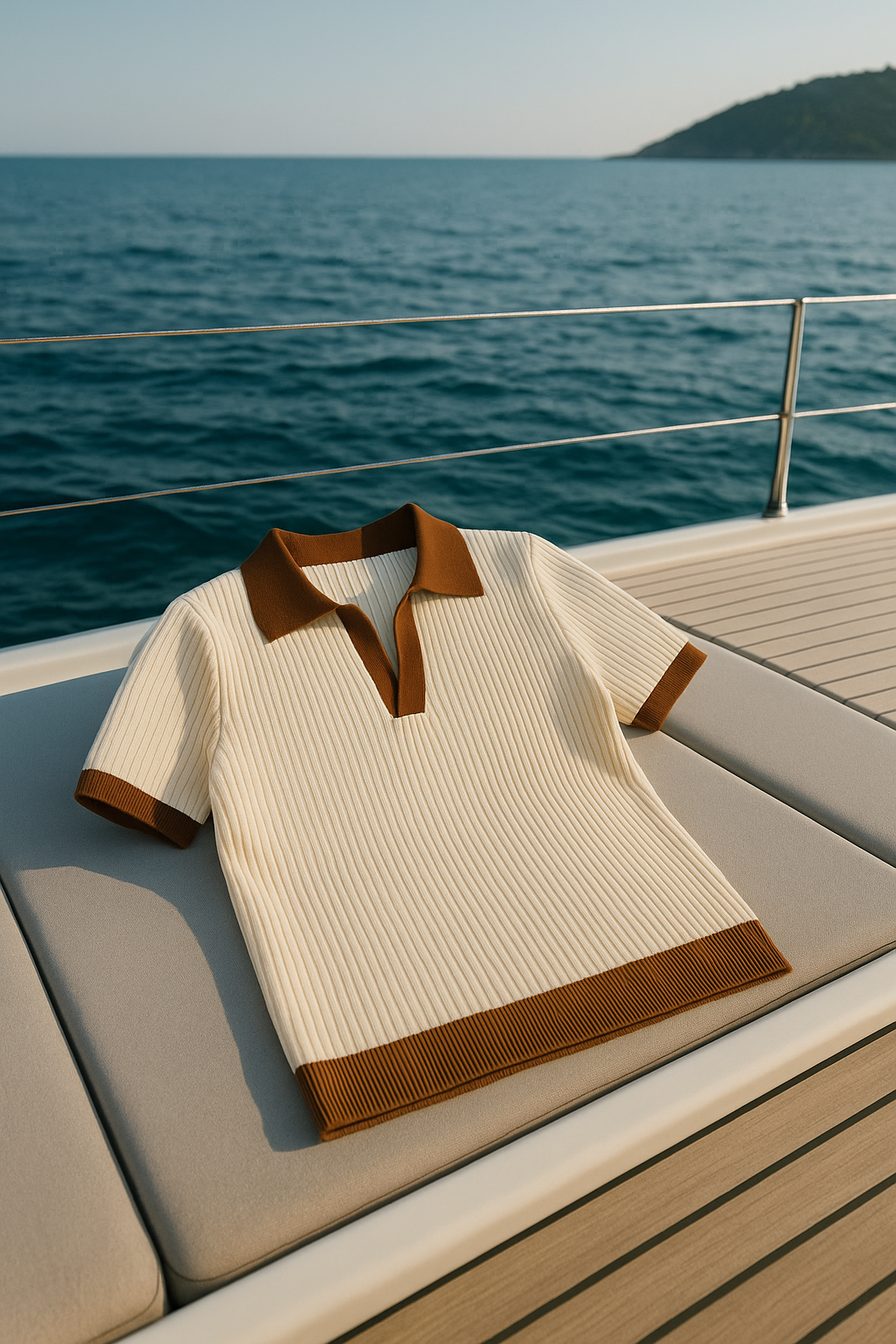 Mocha Trim Ribbed Polo Knit Top