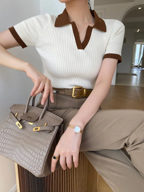 Mocha Trim Ribbed Polo Knit Top