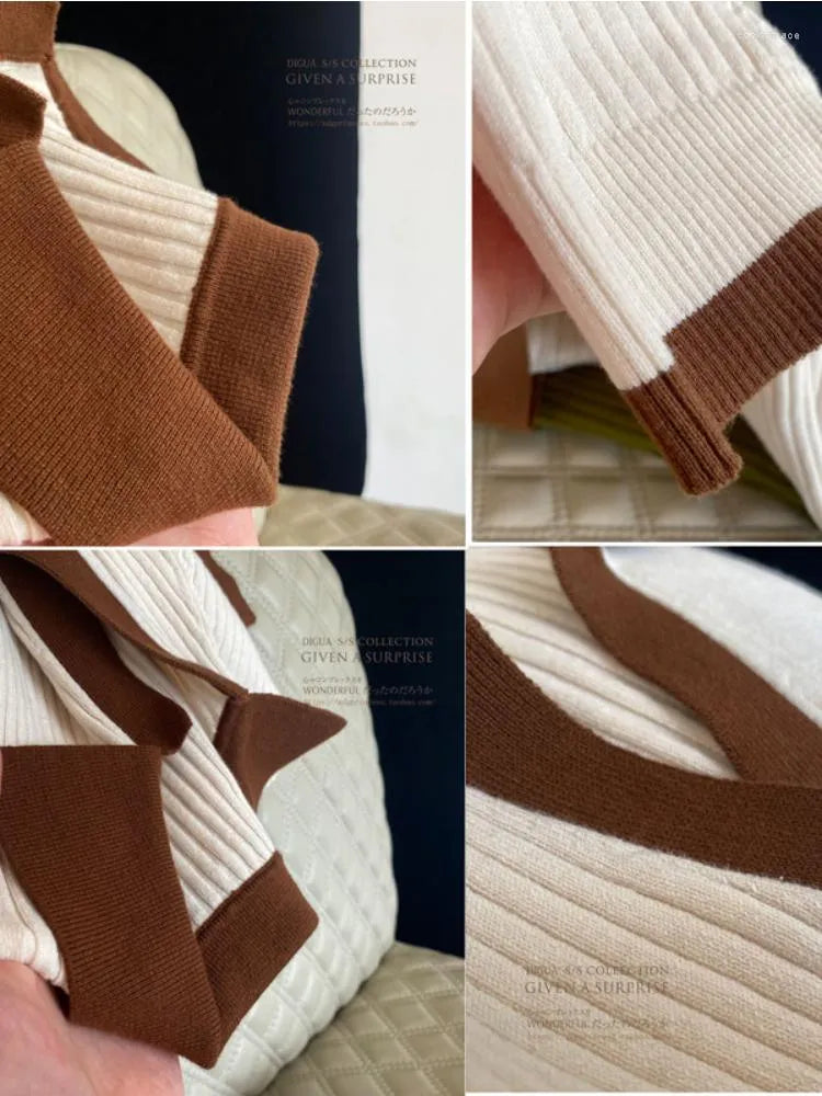 Mocha Trim Ribbed Polo Knit Top